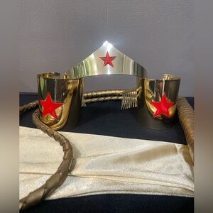 Wonder Woman officially licensed tiara, wrist cuffs, gloves and gold whip